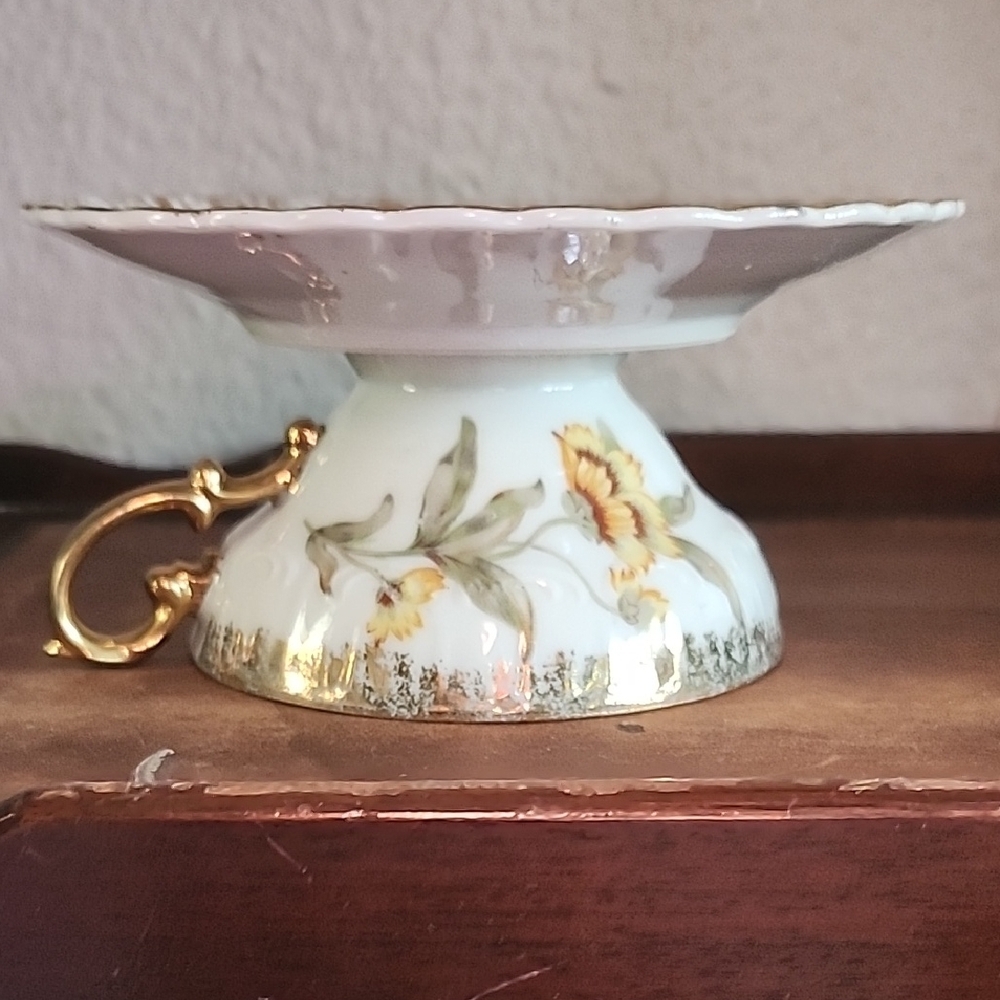 Upcycled Vintage Floral China Pedestal Dish with Gold Accents